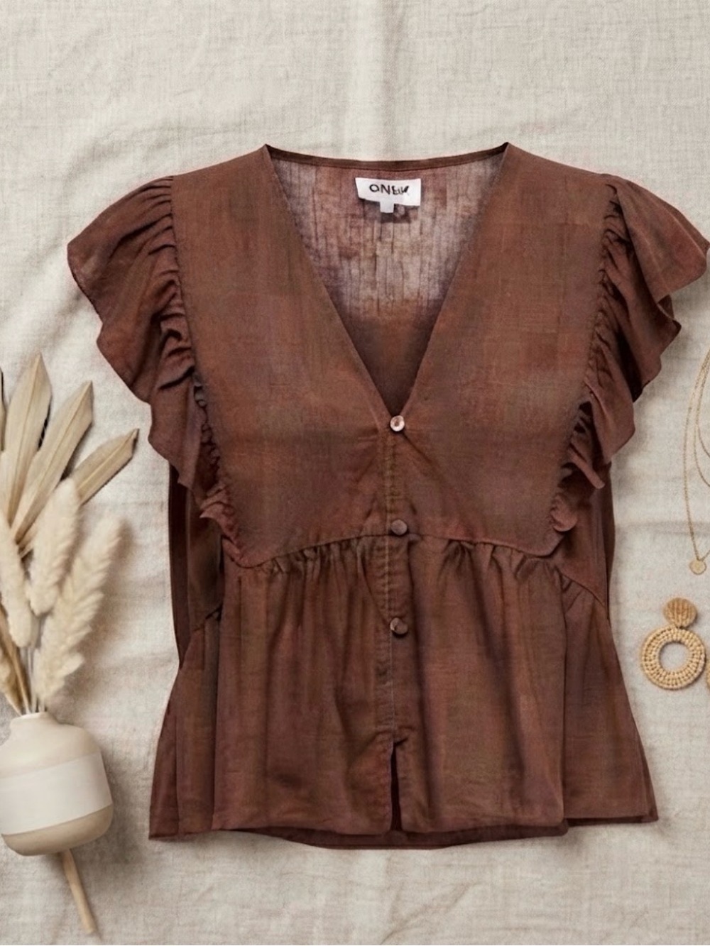 Rust Brown Ruffle Sleeve Button-Front Women’s Top
